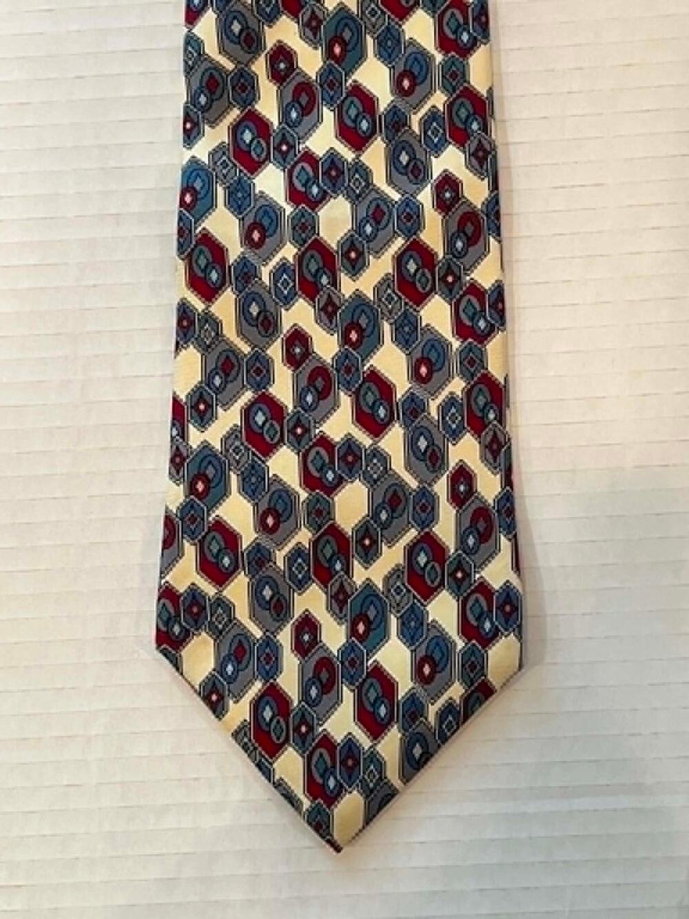 Vintage CHRISTIAN DIOR Monsieur Silk Tie Geometric Cream Blue Red Designer COA